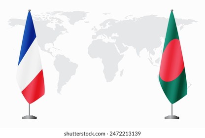 France and Bangladesh flags for official meeting against background of world map.