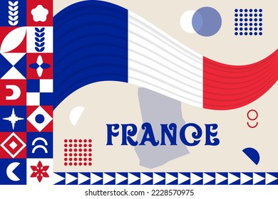 France banner with cultural design. Independence day design for France celebration. Modern neo geometric retro design with flag, map and abstract icons. Red and Blue. Vector Illustration