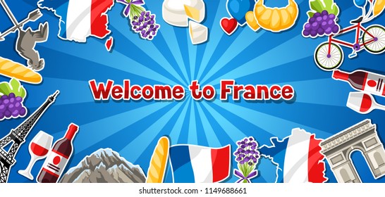 France banner design. French traditional sticker symbols and objects.