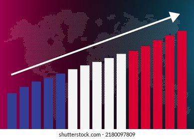 France bar chart graph, increasing values, country statistics concept, France country flag on bar graph, upward rising arrow on data, news banner idea
