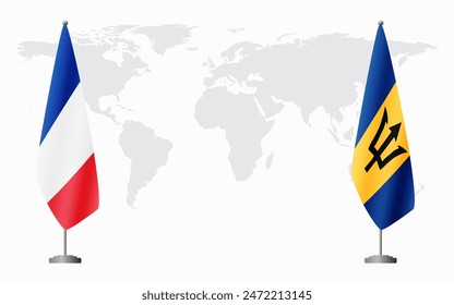 France and Barbados flags for official meeting against background of world map.