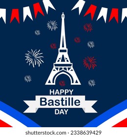 France Bastille day background with flag and Eiffel tower. Bastille day vector greeting, poster.