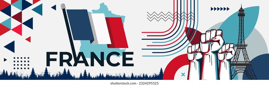 France Bastille day banner design. French flag theme graphic art web background. Abstract celebration geometric decoration, red white blue color. France national day flag vector illustration.