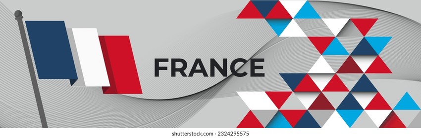 France Bastille day banner design. French flag theme graphic art web background. Abstract celebration geometric decoration, red white blue color. France national day flag vector illustration.