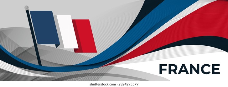 France Bastille day banner design. French flag theme graphic art web background. Abstract celebration geometric decoration, red white blue color. France national day flag vector illustration.