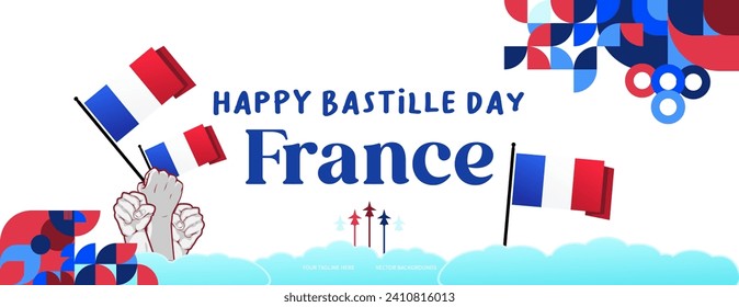 France Bastille Day banner in modern colorful geometric style. Happy French National Independence Day greeting card design with typography. Vector illustration for national holiday celebration party