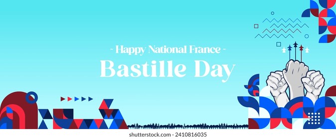 France Bastille Day banner in modern colorful geometric style. Happy French National Independence Day greeting card design with typography. Vector illustration for national holiday celebration party