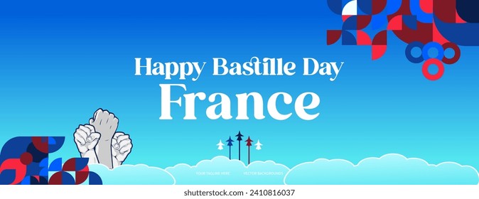 France Bastille Day banner in modern colorful geometric style. Happy French National Independence Day greeting card design with typography. Vector illustration for national holiday celebration party