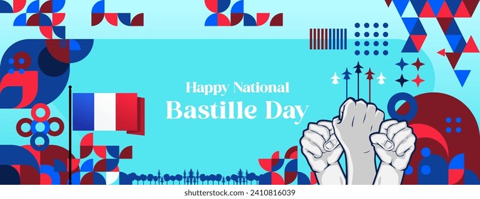 France Bastille Day banner in modern colorful geometric style. Happy French National Independence Day greeting card design with typography. Vector illustration for national holiday celebration party