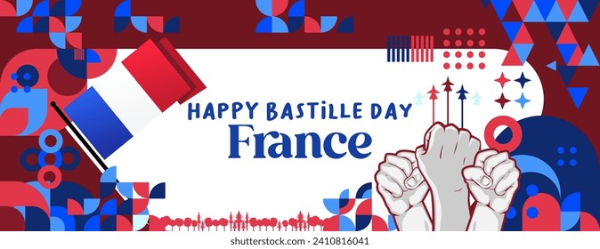 France Bastille Day banner in modern colorful geometric style. Happy French National Independence Day greeting card design with typography. Vector illustration for national holiday celebration party