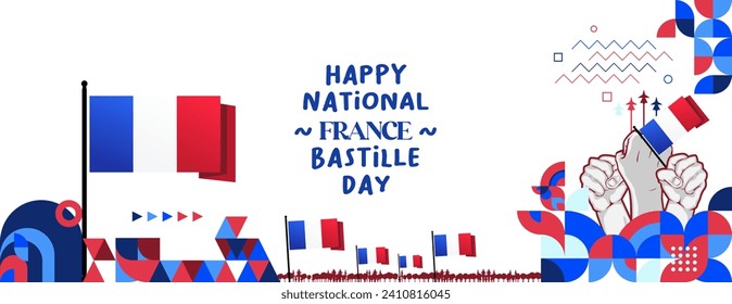 France Bastille Day banner in modern colorful geometric style. Happy French National Independence Day greeting card design with typography. Vector illustration for national holiday celebration party