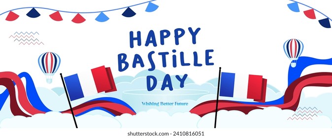 France Bastille Day banner in modern colorful geometric style. Happy French National Independence Day greeting card design with typography. Vector illustration for national holiday celebration party