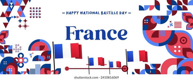 France Bastille Day banner in modern colorful geometric style. Happy French National Independence Day greeting card design with typography. Vector illustration for national holiday celebration party