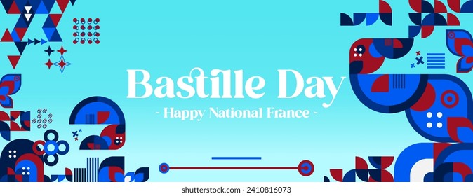 France Bastille Day banner in modern colorful geometric style. Happy French National Independence Day greeting card design with typography. Vector illustration for national holiday celebration party