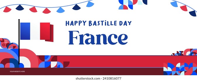 France Bastille Day banner in modern colorful geometric style. Happy French National Independence Day greeting card design with typography. Vector illustration for national holiday celebration party