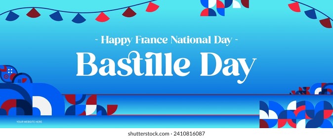 France Bastille Day banner in modern colorful geometric style. Happy French National Independence Day greeting card design with typography. Vector illustration for national holiday celebration party