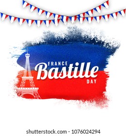 France Bastille Day concept with eiffel tower and bunting flags on blue and red background.