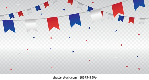 France Bastille Day concept greeting background on transparent grid with tricolor confetti. Decorative elements of flag of France.