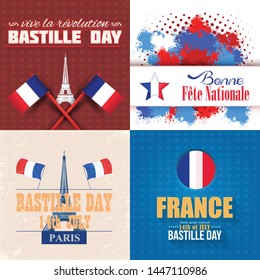 France, Bastille Day Design, Greeting Card Set. Vector Elements. French Text "long live revolution",  "14 July", "Happy National Day", "liberty, equality, fraternity" at English