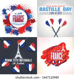 France, Bastille Day Design, Greeting Card Set. Vector Elements. French Text "long live revolution",  "14 July", "Happy National Day", "liberty, equality, fraternity" at English