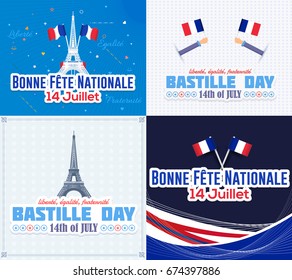 France, Bastille Day Design, Greeting Card Set. Vector Elements. French Text  "long live revolution", "Happy National Day", "liberty, equality, fraternity" at English