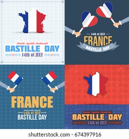 France, Bastille Day Design, Greeting Card Set. Vector Elements. French Text "liberty, equality, fraternity" at English