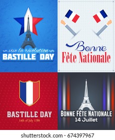 France, Bastille Day Design, Greeting Card Set. Vector Elements. French Text  "long live revolution", "Happy National Day", "liberty, equality, fraternity" at English