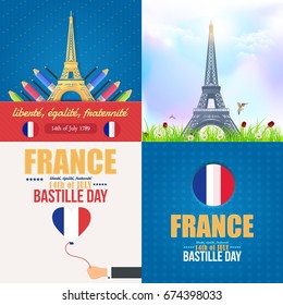 France, Bastille Day Design, Greeting Card Set. Vector Elements. French Text 