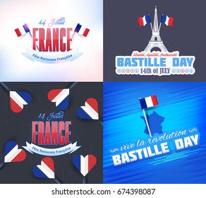 France, Bastille Day Design, Greeting Card Set. Vector Elements. French Text "long live revolution",  "14 July" at English