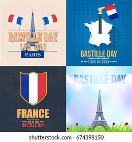 France, Bastille Day Design, Greeting Card Set. Vector Elements. French Text "liberty, equality, fraternity" at English