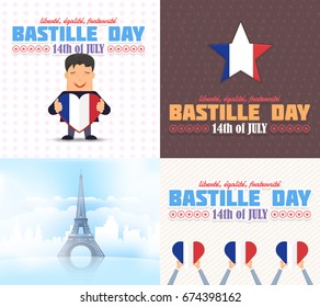 France, Bastille Day Design, Greeting Card Set. Vector Elements. French Text "liberty, equality, fraternity" at English