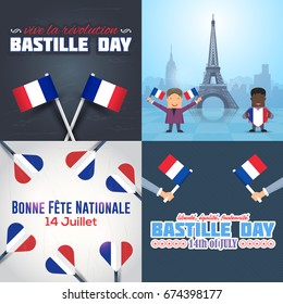 France, Bastille Day Design, Greeting Card Set. Vector Elements. French Text "liberty, equality, fraternity" at English