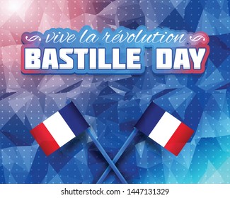 France Bastille Day Greeting Card, Polygonal Background Vector Design. Text "long live revolution" at English