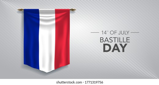 France Bastille day greeting card, banner, vector illustration. French national day 14th of July background with pennant