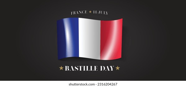 Tarjeta de felicitación del Día de la Bastilla de Francia, banner con ilustración del vector de texto de plantilla. Festividad conmemorativa francesa elemento de diseño del 14 de julio con bandera con rayas