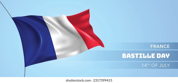 Tarjeta de felicitación del Día de la Bastilla de Francia, ilustración vectorial de banner. Festividad nacional francesa elemento de diseño del 14 de julio con bandera 3D