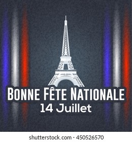 France Bastille Day Greeting Card, Retro Background Vector Design. "Happy National Day, 14 July" at English