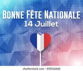 France Bastille Day Greeting Card, Polygonal Background Vector Design. "Happy National Day, 14 July" at English