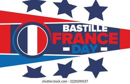 France Bastille Day. National happy holiday, celebrated annual in July 14. French flag. France independence and freedom. Patriotic elements. Festive and parade design. Vector poster illustration