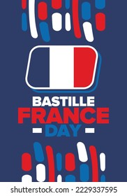 France Bastille Day. National happy holiday, celebrated annual in July 14. French flag. France independence and freedom. Patriotic elements. Festive and parade design. Vector poster illustration