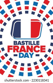 France Bastille Day. National happy holiday, celebrated annual in July 14. French flag. France independence and freedom. Patriotic elements. Festive and parade design. Vector poster illustration