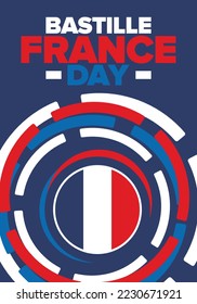 France Bastille Day. National happy holiday, celebrated annual in July 14. French flag. France independence and freedom. Patriotic elements. Festive and parade design. Vector poster illustration