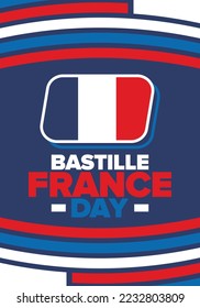 France Bastille Day. National happy holiday, celebrated annual in July 14. French flag. France independence and freedom. Patriotic elements. Festive and parade design. Vector poster illustration