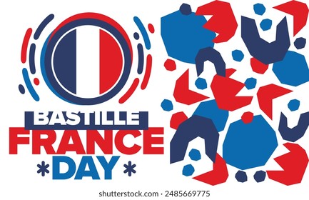 France Bastille Day. National happy holiday, celebrated annual in July 14. French flag. France independence and freedom. Patriotic elements. Festive and parade design. Vector poster illustration