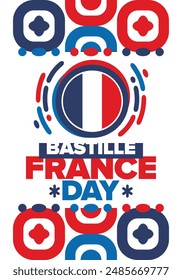 France Bastille Day. National happy holiday, celebrated annual in July 14. French flag. France independence and freedom. Patriotic elements. Festive and parade design. Vector poster illustration