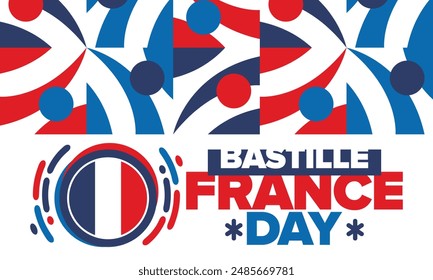 France Bastille Day. National happy holiday, celebrated annual in July 14. French flag. France independence and freedom. Patriotic elements. Festive and parade design. Vector poster illustration