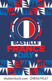 France Bastille Day. National happy holiday, celebrated annual in July 14. French flag. France independence and freedom. Patriotic elements. Festive and parade design. Vector poster illustration