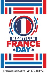 France Bastille Day. National happy holiday, celebrated annual in July 14. French flag. France independence and freedom. Patriotic elements. Festive and parade design. Vector poster illustration