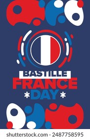 France Bastille Day. National happy holiday, celebrated annual in July 14. French flag. France independence and freedom. Patriotic elements. Festive and parade design. Vector poster illustration