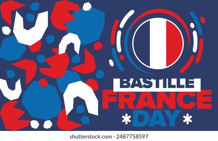 France Bastille Day. National happy holiday, celebrated annual in July 14. French flag. France independence and freedom. Patriotic elements. Festive and parade design. Vector poster illustration